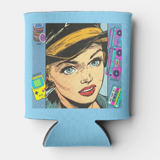 Retro 90s Pop Art Comic Woman Can Cooler 缶クーラー (正面)