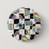 Retro 90s Roller Skate Pattern Round Button 缶バッジ (正面)