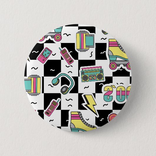 Retro 90s Roller Skate Pattern Round Button 缶バッジ (正面)