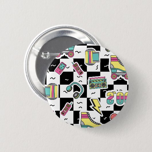 Retro 90s Roller Skate Pattern Round Button 缶バッジ (正面&裏面)