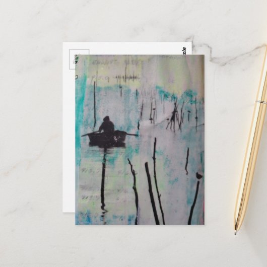 Retro A Boat and a Bird Black White Blue  ポストカード (正面/裏面インサイチュ)