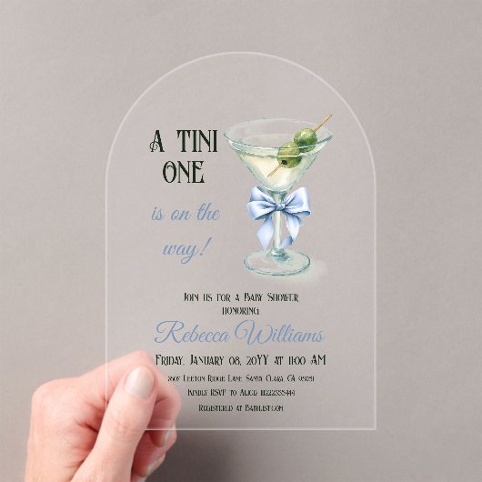 Retro A Tini One Martini Blue Bow Boy Baby Shower アクリル招待状 (インサイチュ (ポータブル))