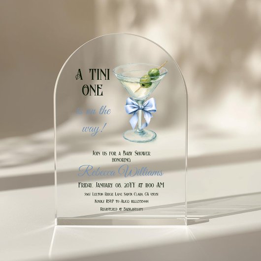 Retro A Tini One Martini Blue Bow Boy Baby Shower アクリル招待状