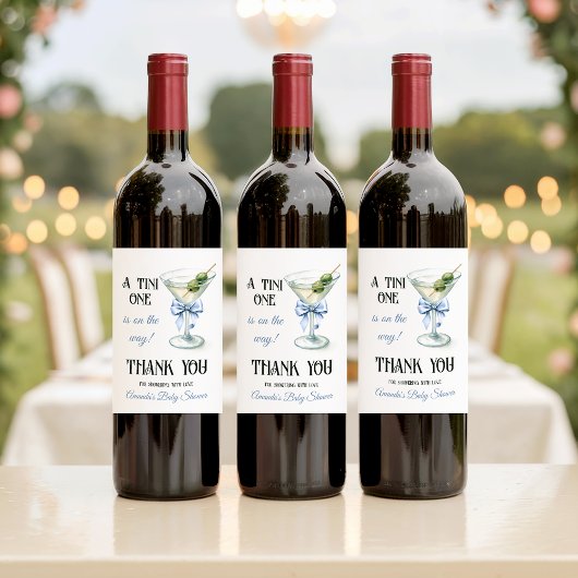 Retro A Tini One Martini Blue Bow Boy Baby Shower ワインラベル