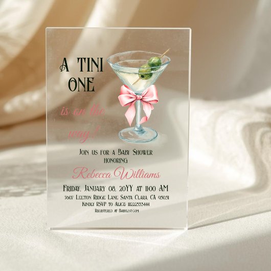 Retro A Tini One Martini Pink Bow Girl Baby Shower アクリル招待状