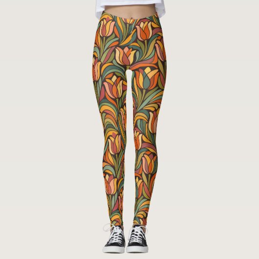 Retro Abstract Orange Tulip Floral Yoga Style  レギンス (正面)