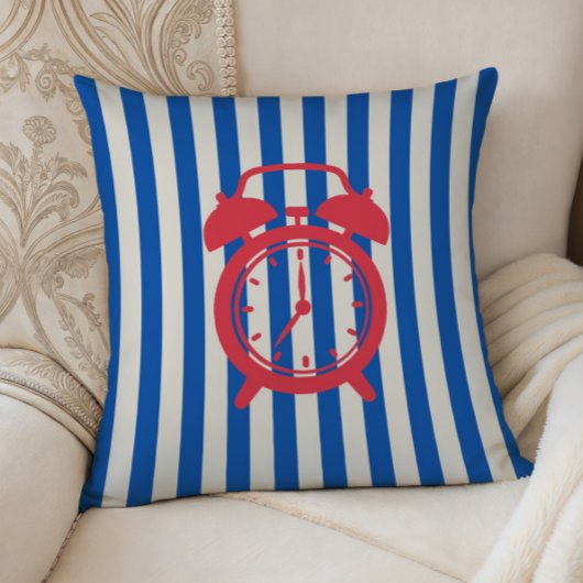 Retro Alarm Clock on Blue Stripes, Accent Pillow, クッション
