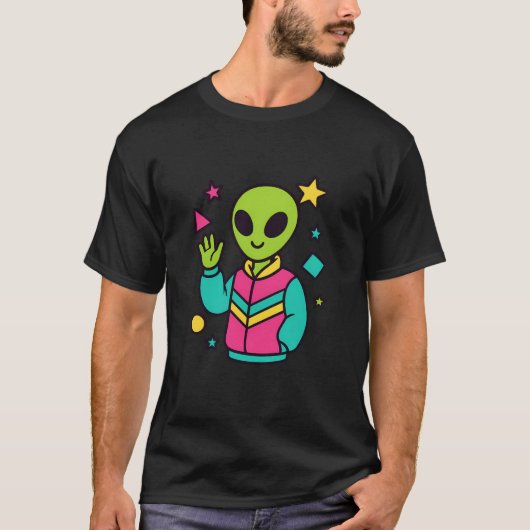 Retro Alien in Neon Jacket | 80s Sci-Fi Vector Art Tシャツ (正面)