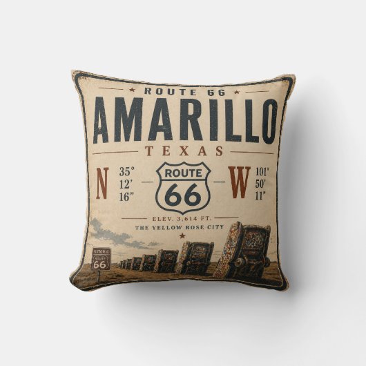 Retro Amarillo Route 66 Coordinates クッション (正面)