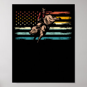 Retro American Flag Bull Riding Western Cowboy ポスター