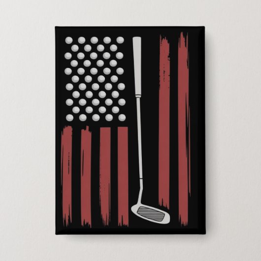 Retro American Flag Golf Golfer Funny Golf Club 缶バッジ (正面)