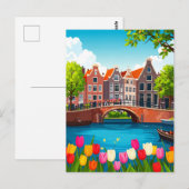 Retro Amsterdam Travel With Tulips ポストカード (正面/裏面)