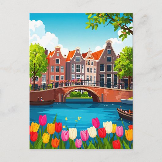 Retro Amsterdam Travel With Tulips ポストカード (正面)