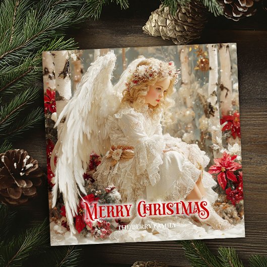Retro angelic angel red poinsettias stylish card シーズンカード