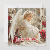 Retro angelic angel red poinsettias stylish card シーズンカード (正面)