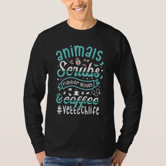 Retro Animals Scrubs Rubber Gloves And Coffee Vet  Tシャツ (正面)