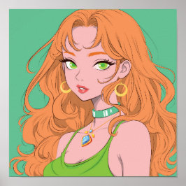 Retro Anime Girl with Ginger Hair and Green Eyes ポスター