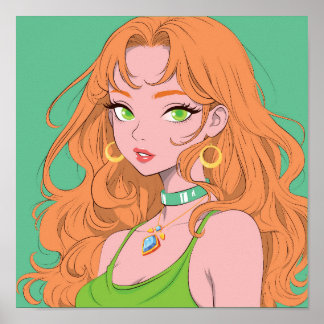 Retro Anime Girl with Ginger Hair and Green Eyes ポスター