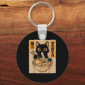 Retro Anime Kawaii Black Cat Eating Ramen Noodles  キーホルダー (正面)
