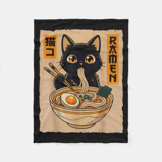 Retro Anime Kawaii Black Cat Eating Ramen Noodles フリースブランケット (正面)