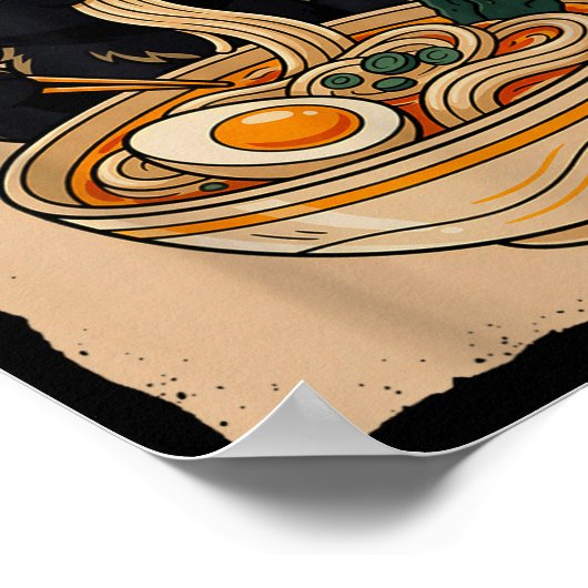 Retro Anime Kawaii Black Cat Eating Ramen Noodles ポスター (角)