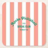 Retro Après Pickle Ball Social Club Pink Stripe スクエアペーパーコースター (正面)