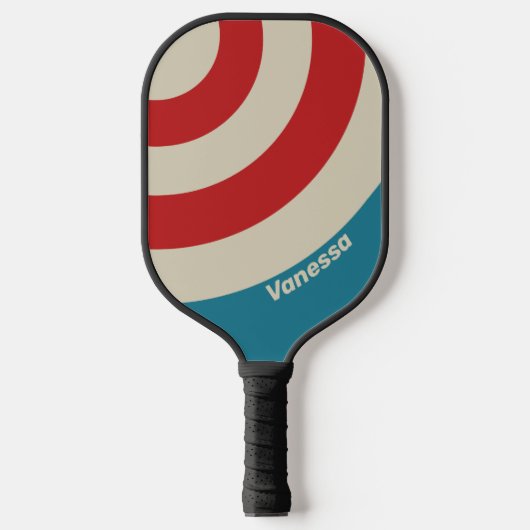 Retro Aqua Surf Circle Stripe with Name ピックルボールラケット (正面)