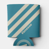 Retro Aquamarine Three Stripes with Name 缶クーラー (裏面)
