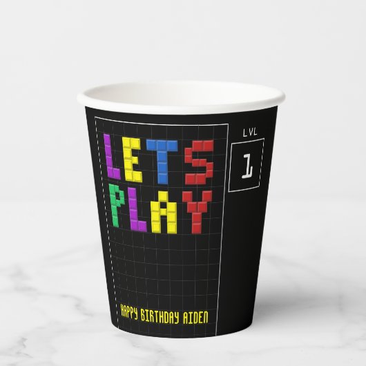 Retro Arcade Game Kids 1st Birthday Party Black 紙コップ (正面)