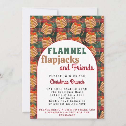 Retro Arch Red Flannel & Pancakes Christmas Brunch 招待状 (正面)