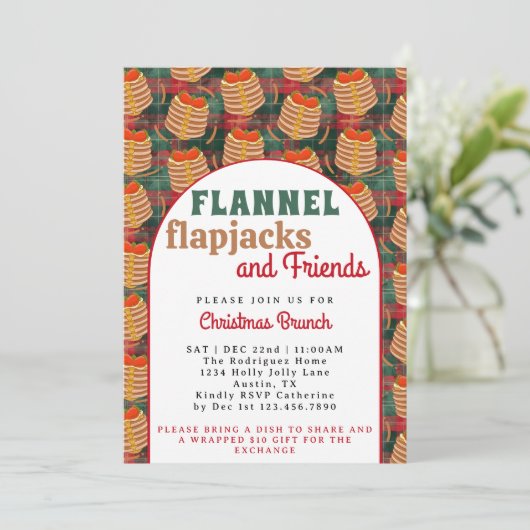Retro Arch Red Flannel & Pancakes Christmas Brunch 招待状 (スタンド正面)