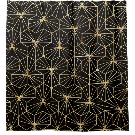 Retro Art Deco Black Gold Geometric Pattern シャワーカーテン (正面)