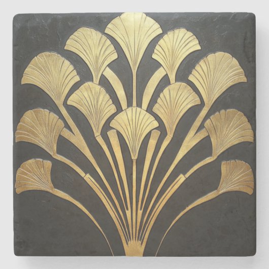 Retro Art Deco Black Gold Hieroglyphic Plant ストーンコースター (正面)