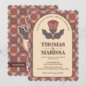 Retro Art Deco Floral Wedding Invitation QR Code 招待状 (正面/裏面)