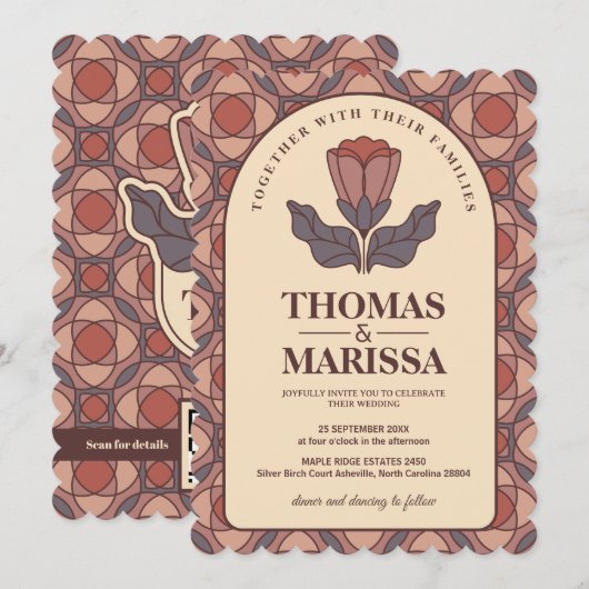 Retro Art Deco Floral Wedding Invitation QR Code 招待状 (正面/裏面)