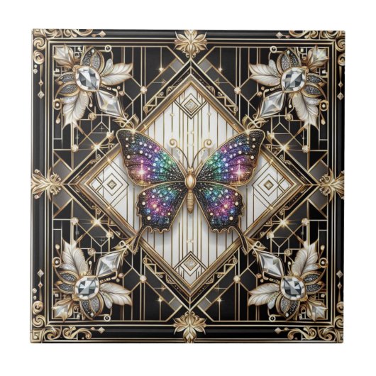 Retro Art Deco Nouveau Rainbow Butterfly タイル (正面)