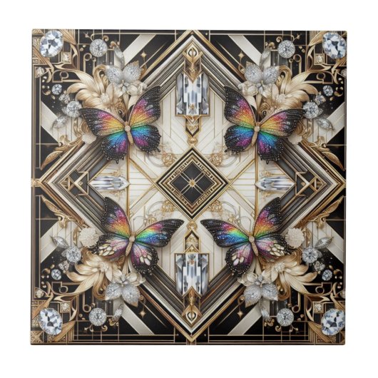 Retro Art Deco Nouveau Rainbow Butterfly タイル (正面)