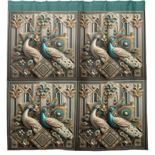 Retro Art Deco Peacocks シャワーカーテン (正面)