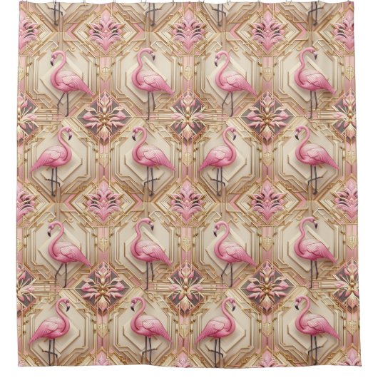Retro Art Deco Pink Flamingos シャワーカーテン (正面)
