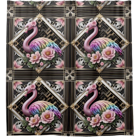 Retro Art Deco Pink Flamingos シャワーカーテン (正面)