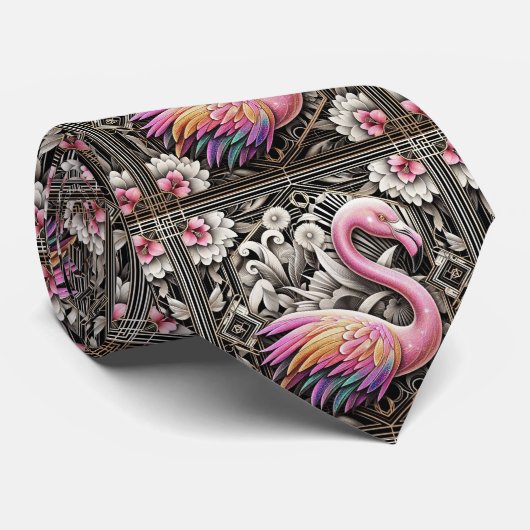 Retro Art Deco Pink Flamingos ネクタイ (ロール)