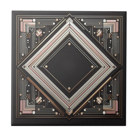 Retro Art Deco Pink Gold and Black タイル (正面)