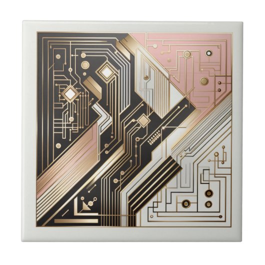 Retro Art Deco Pink Gold and Black タイル (正面)