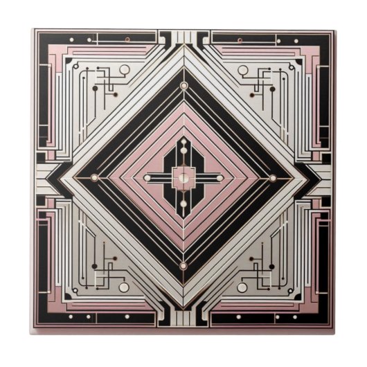Retro Art Deco Pink Gold and Black タイル (正面)
