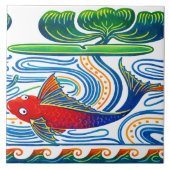 Retro Art Nouveau Fish & Lily Frieze Pattern タイル (正面)