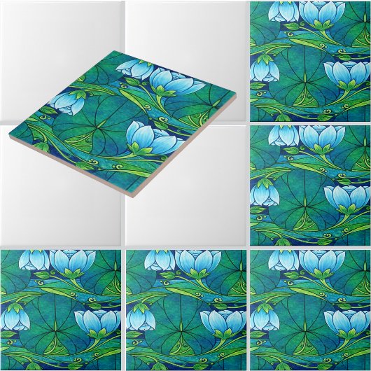 Retro Art Nouveau Floral Lily Pad Pattern タイル