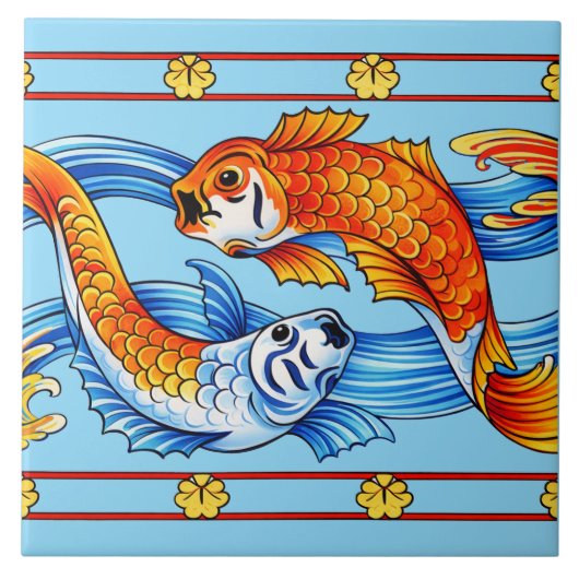 Retro Art Nouveau Koi Fish Frieze Pattern タイル (正面)