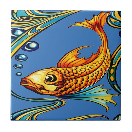 Retro Art Nouveau Koi Fish Pattern タイル (正面)