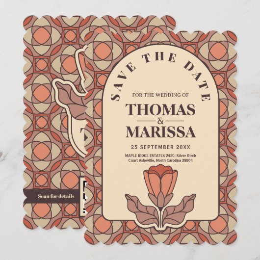 Retro Art Nouveau Save the Date QR Code Card (正面/裏面)