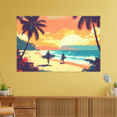 retro art surfers on beach キャンバスプリント (インサイチュ (リビング))